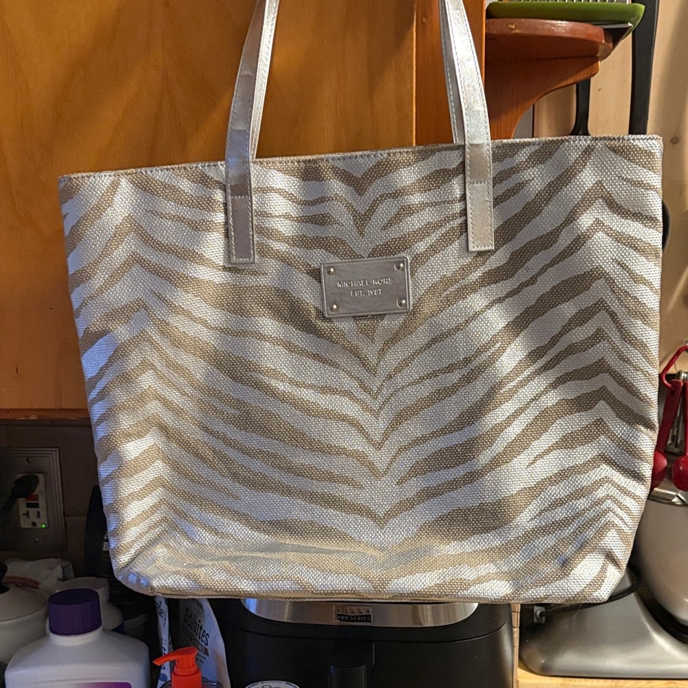 Michael Kors Silver and Cream Zebra Tote
